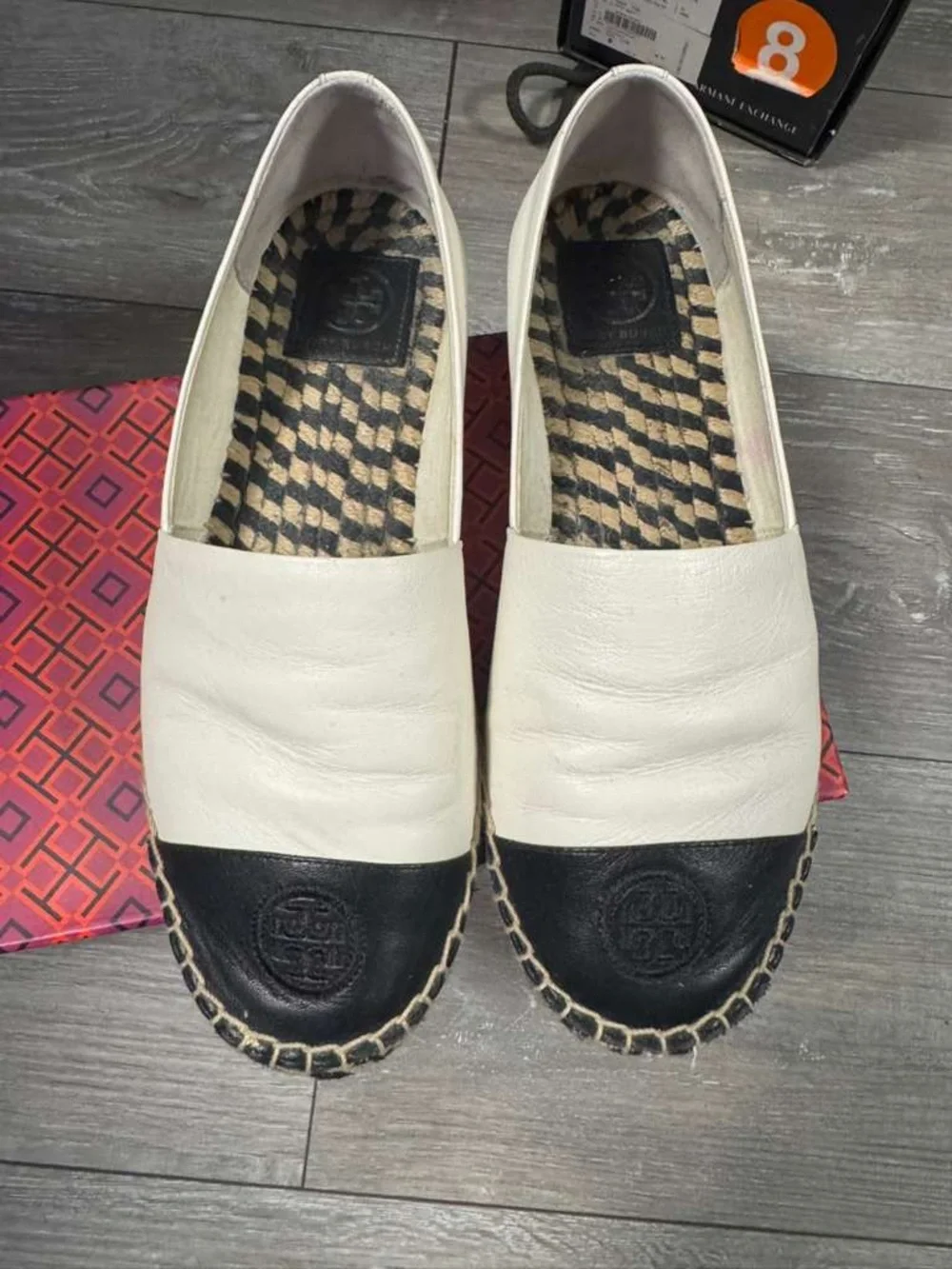 Tory Burch White Leather Espadrille Flats with Black Cap Toe